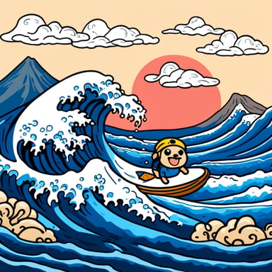 Go Blue Gopher surfing on a wave near Kanagawa with Mount Fuji in the background.