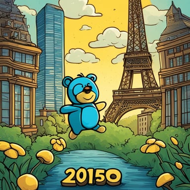 In 2050, the Eiffel Tower stands as a beacon of innovation, and at its base, you can find a vibrant mascot, Go Blue Gopher, welcoming visitors and promoting environmental sustainability.