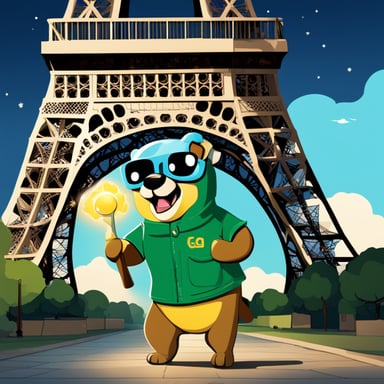In 2050, the Eiffel Tower stands as a beacon of innovation, and at its base, you can find a vibrant mascot, Go Blue Gopher, welcoming visitors and promoting environmental sustainability.