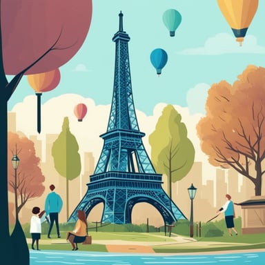In 2050, the Eiffel Tower stands as a beacon of innovation, and at its base, you can find a vibrant mascot, Go Blue Gopher, welcoming visitors and promoting environmental sustainability.