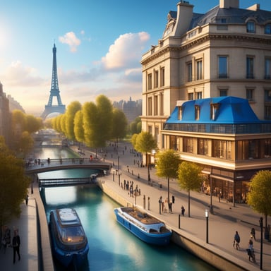 In 2050, the Eiffel Tower stands as a beacon of innovation, and at its base, you can find a vibrant mascot, Go Blue Gopher, welcoming visitors and promoting environmental sustainability.
