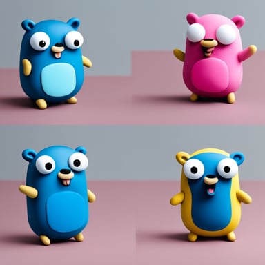 A Blue Go Blue Gopher with an O, A Pink Go Blue Gopher with an R, A Yellow Go Blue Gopher with a T.