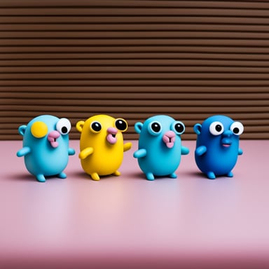 A Blue Go Blue Gopher with an O, A Pink Go Blue Gopher with an R, A Yellow Go Blue Gopher with a T.