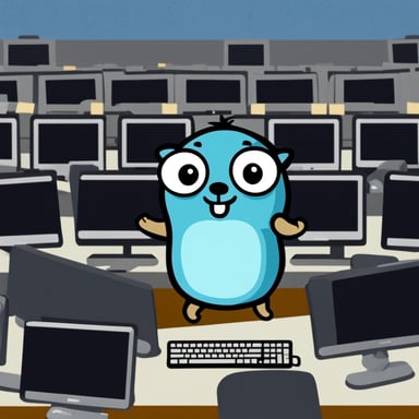 Go Blue Gopher sits in front of a wall of computer screens.
