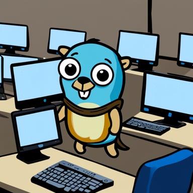 Go Blue Gopher sits in front of a wall of computer screens.