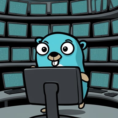 Go Blue Gopher sits in front of a wall of computer screens.