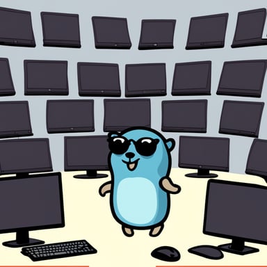 Go Blue Gopher sits in front of a wall of computer screens.