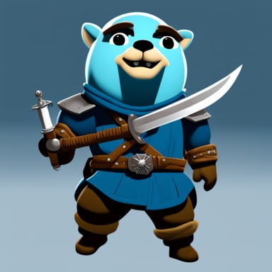 Go Blue Gopher as Geralt, wielding two swords from The Witcher 3 game.