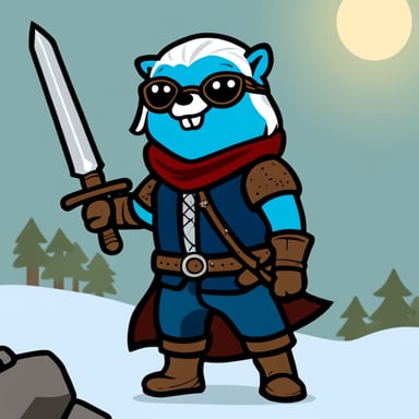 Go Blue Gopher as Geralt, wielding two swords from The Witcher 3 game.