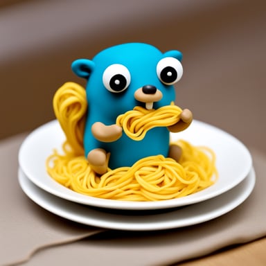 A go blue gopher eating noodles in modeling clay.