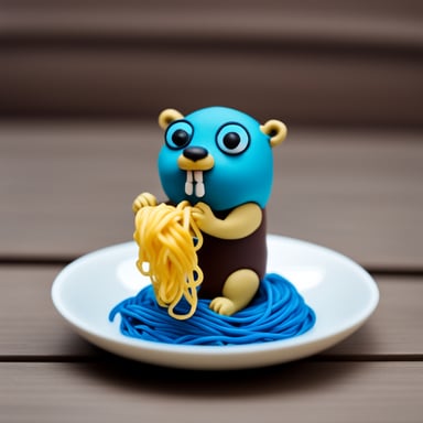 A go blue gopher eating noodles in modeling clay.