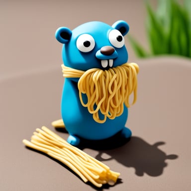 A go blue gopher eating noodles in Japan, crafted in a modeling clay style.