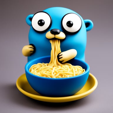 A go blue gopher eating noodles in Japan, crafted in a modeling clay style.