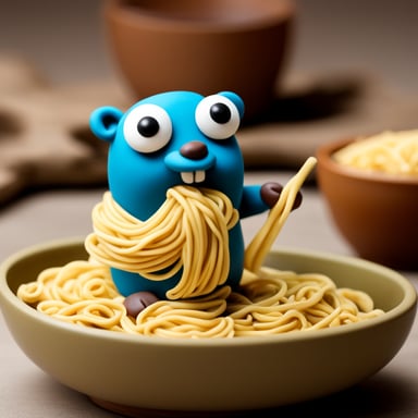 A go blue gopher eating noodles in Japan, crafted in a modeling clay style.