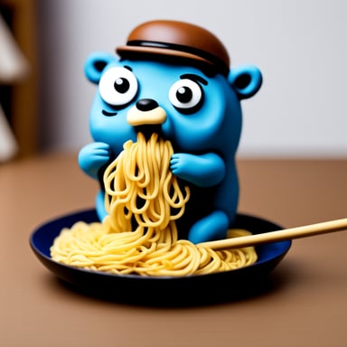 A go blue gopher eating noodles in Japan, crafted in a modeling clay style.