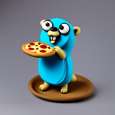 A go blue gopher eating pizza in modeling clay.