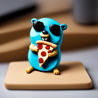 A go blue gopher eating pizza in modeling clay.