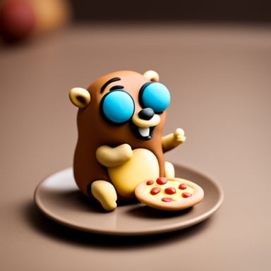 A go blue gopher eating pizza in modeling clay.