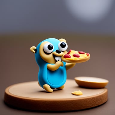 A go blue gopher eating pizza in modeling clay.