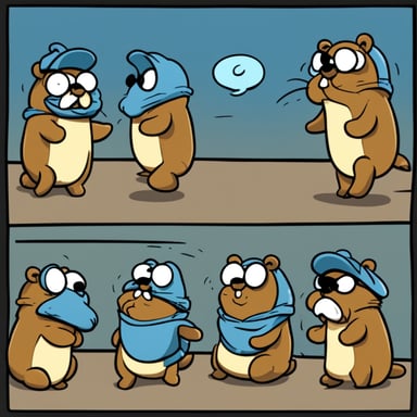 Comics with 4 pictures featuring Go Blue Gopher in Garfield style.