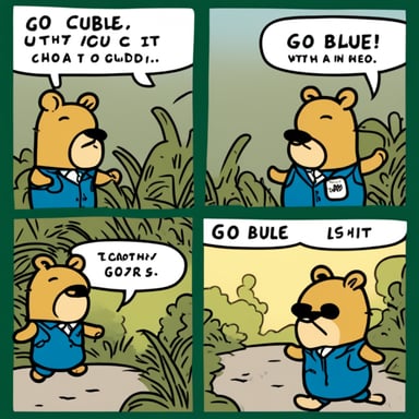Comics with 4 pictures featuring Go Blue Gopher in Garfield style.