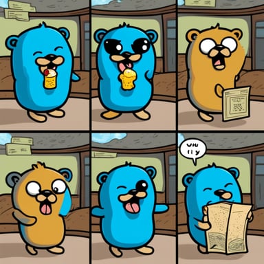 Comics with 4 pictures featuring Go Blue Gopher in Garfield style.
