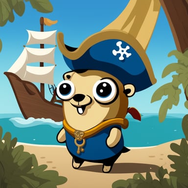 A go blue gopher dressed as a pirate, with a tiny ship's wheel and a look of adventure.