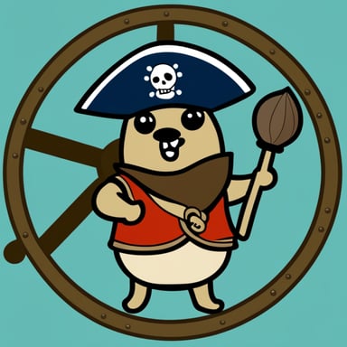 A go blue gopher dressed as a pirate, with a tiny ship's wheel and a look of adventure.