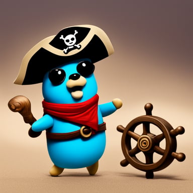 A go blue gopher dressed as a pirate, with a tiny ship's wheel and a look of adventure.