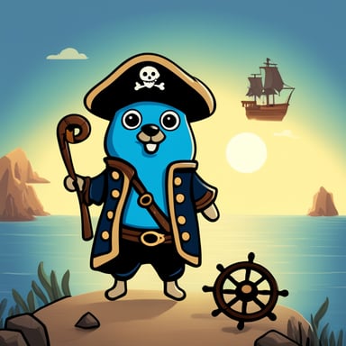 A go blue gopher dressed as a pirate, with a tiny ship's wheel and a look of adventure.