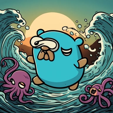 An angry Go Blue Gopher is attacking an octopus in a cartoon style.