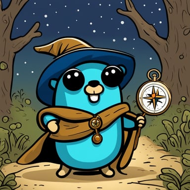 A go blue gopher enveloped in mystery, cloaked and holding a compass, embarks on a secret quest.