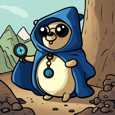 A go blue gopher enveloped in mystery, cloaked and holding a compass, embarks on a secret quest.
