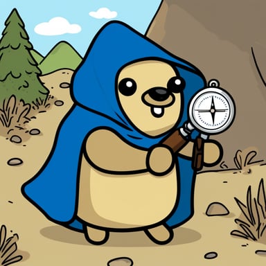 A go blue gopher enveloped in mystery, cloaked and holding a compass, embarks on a secret quest.
