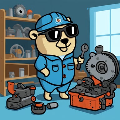 A go blue gopher dressed as a mechanic engineer, fixing a car engine in a room full of tools and metal pieces.