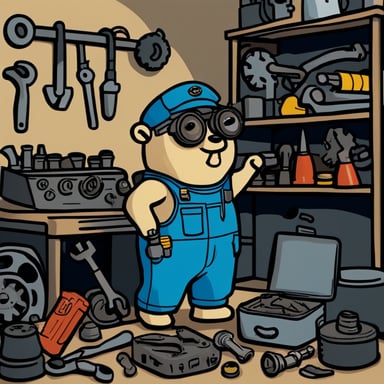 A go blue gopher dressed as a mechanic engineer, fixing a car engine in a room full of tools and metal pieces.