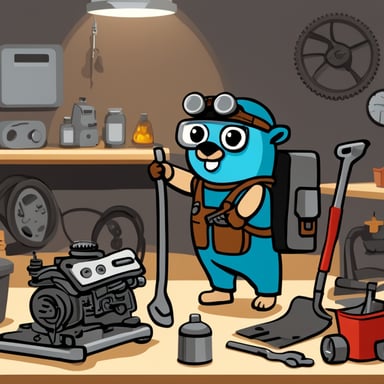A go blue gopher dressed as a mechanic engineer, fixing a car engine in a room full of tools and metal pieces.