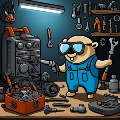 A go blue gopher dressed as a mechanic engineer, fixing a car engine in a room full of tools and metal pieces.