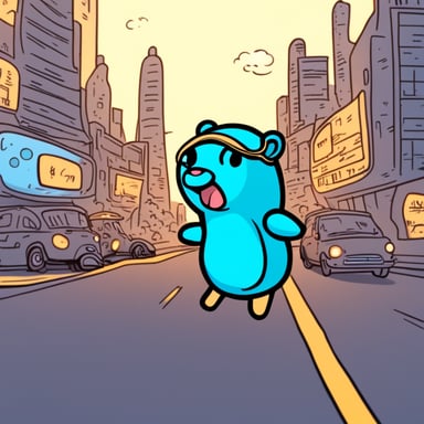 A Go Blue Gopher, in a futuristic city, is crossing a busy road.