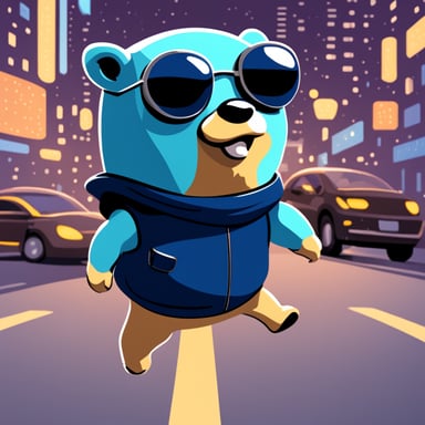 A Go Blue Gopher, in a futuristic city, is crossing a busy road.