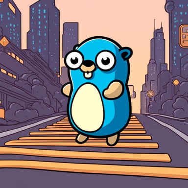 A Go Blue Gopher, in a futuristic city, is crossing a busy road.