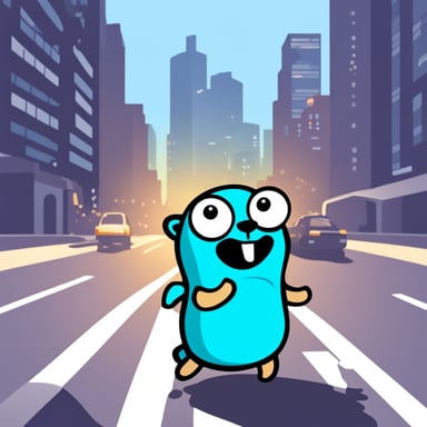 A Go Blue Gopher, in a futuristic city, is crossing a busy road.