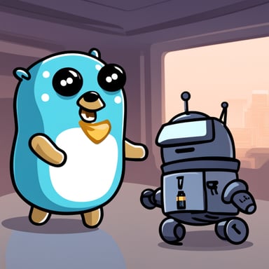 A Go Blue Gopher fighting against an android robot.