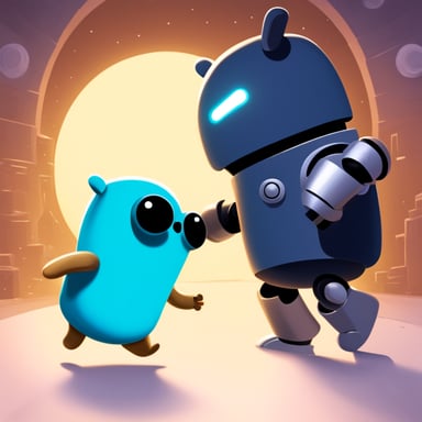 A Go Blue Gopher fighting against an android robot.