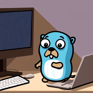Sad go blue gopher with tears behind a computer.