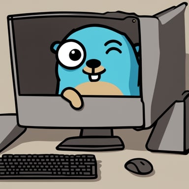 Sad go blue gopher with tears behind a computer.