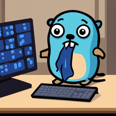 Sad go blue gopher with tears behind a computer.