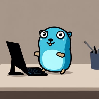 Sad go blue gopher with tears behind a computer.