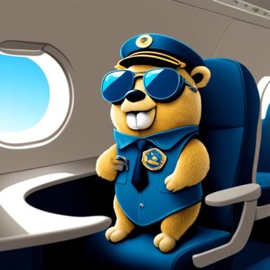 Go Blue Gopher with pilot glasses sitting in an airplane.
