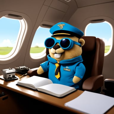 Go Blue Gopher with pilot glasses sitting in an airplane.